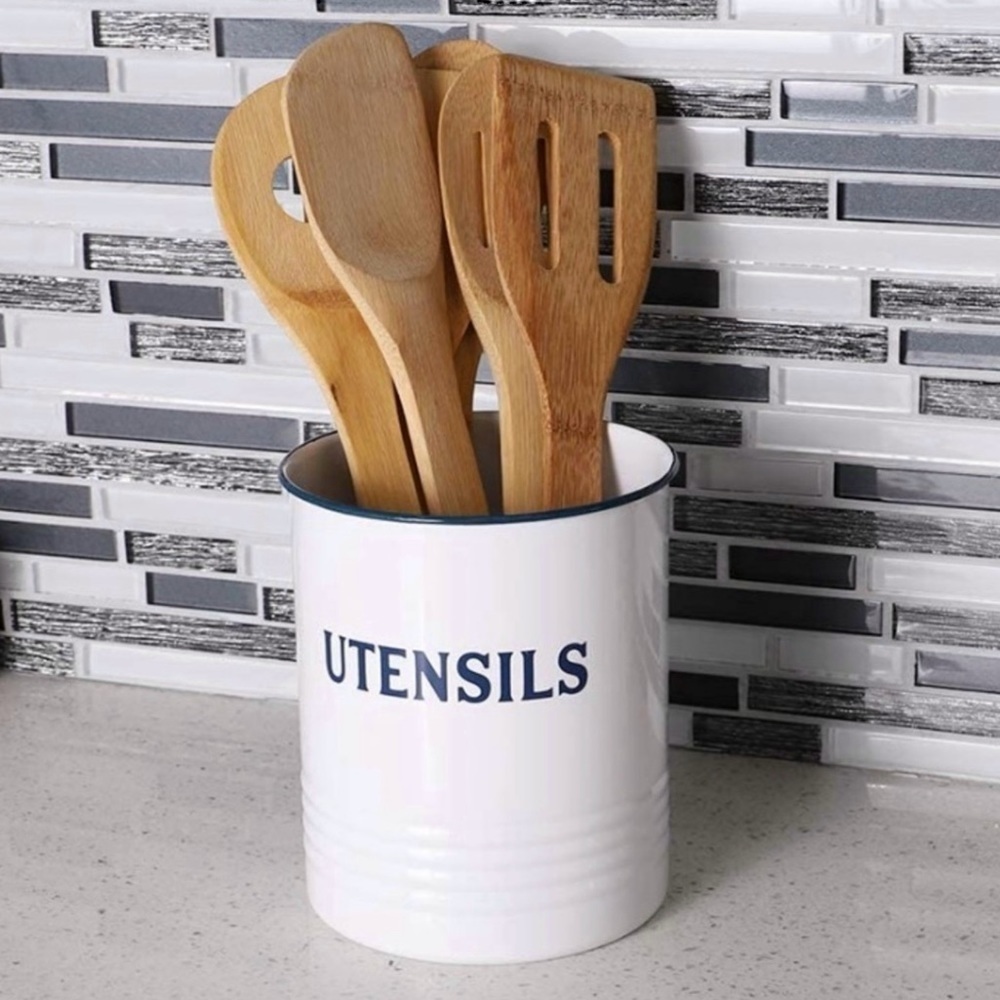 Utensil Holder Vintage Style Metal 5" x 5" x 6" White/Blue